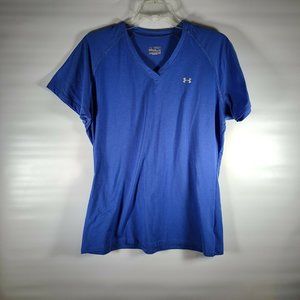 Under Armour Womens Large Blue V Neck Short Sleeve HeatGear Tech Loose Fit Shirt